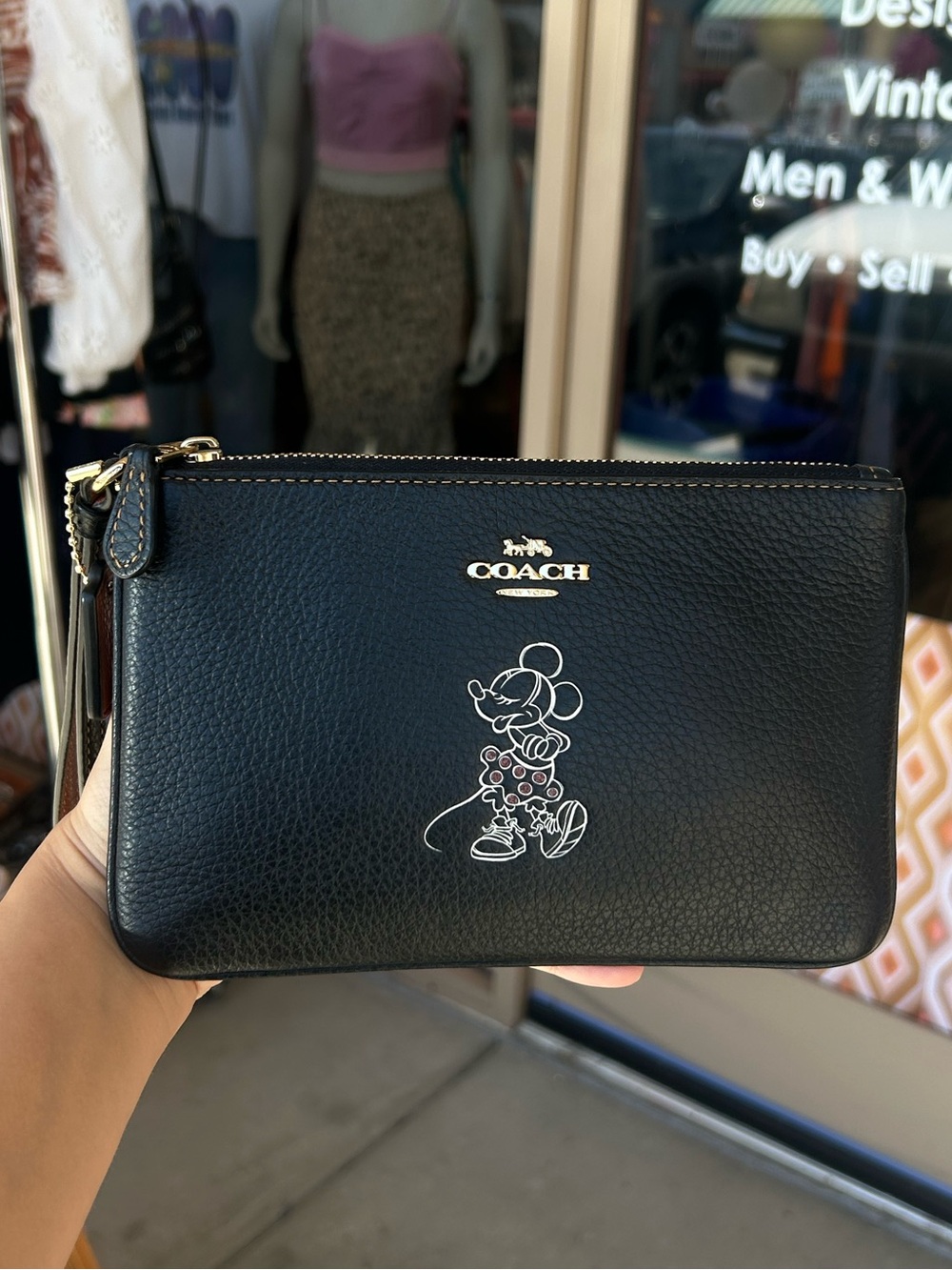 Coach Disney Minnie Mouse Wristlet-Black Pebbled Leather- Corner Zip